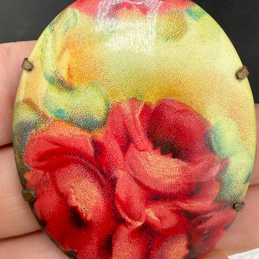 Vintage Victorian Porcelain Brooch Red Rose Floral Oval Brass Tone Pin